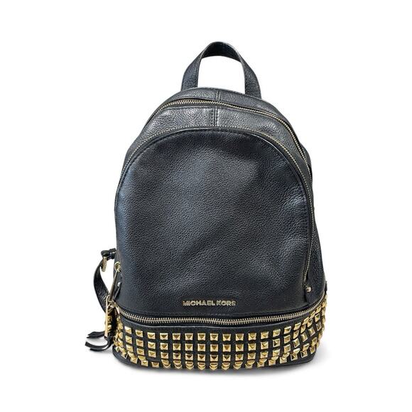 Michael Kors Rhea Black Leather Backpack with Studded Gold Detail - Picture 1 of 13